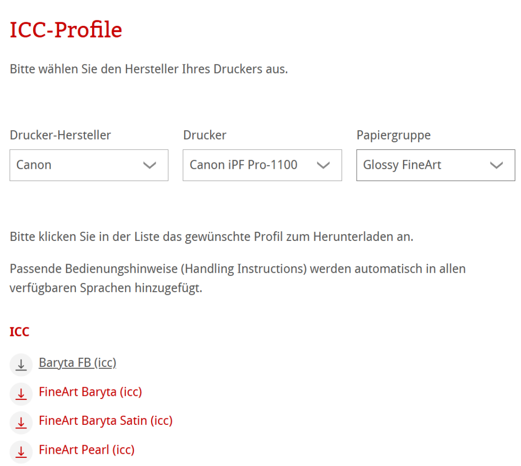 ICC-Profil für die richtige Drucker-Papier-Kombination herunterladen